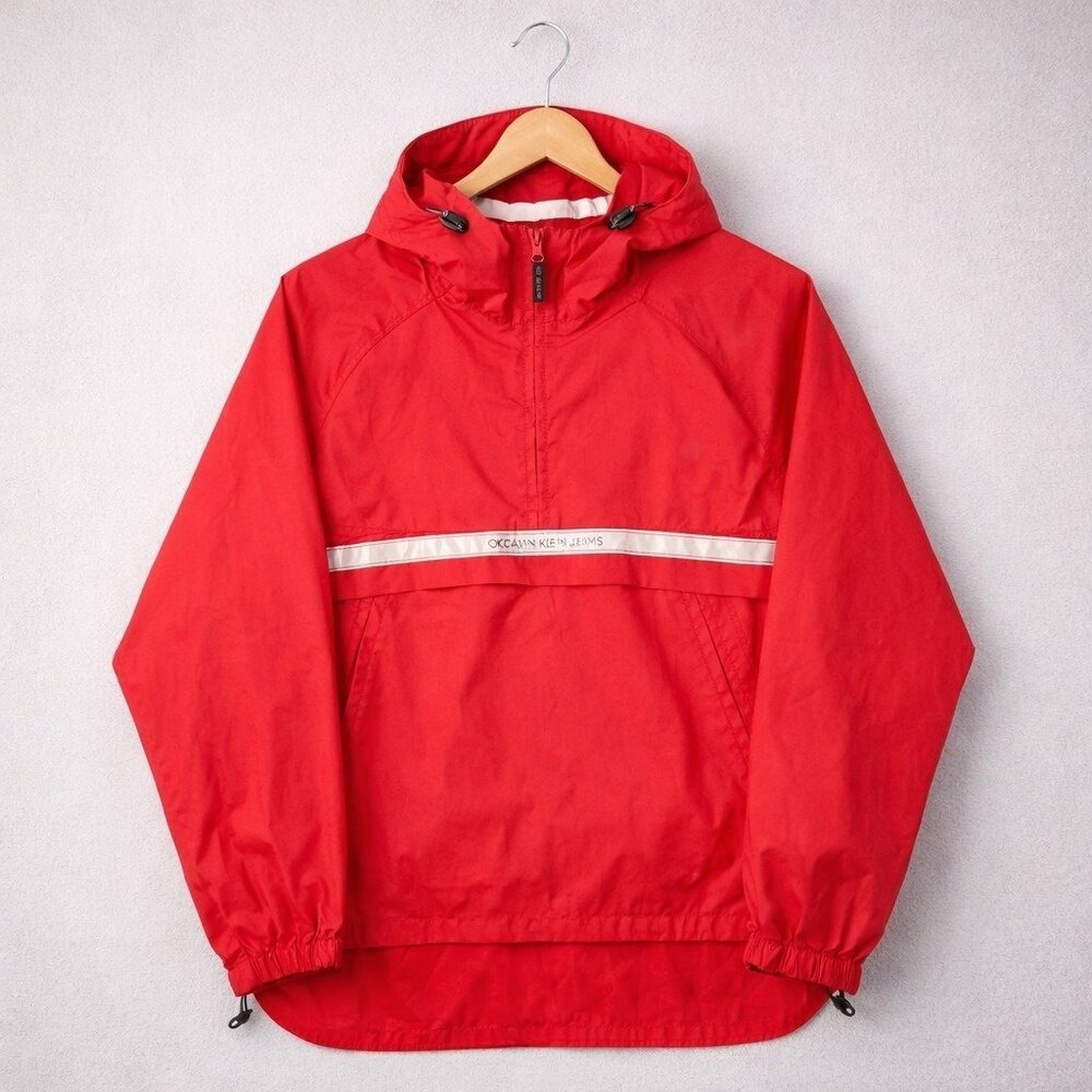 Vintage Calvin Klein Jeans Men's Size Large 1/2 Zip‎ Windbreaker Spellout Hoodie